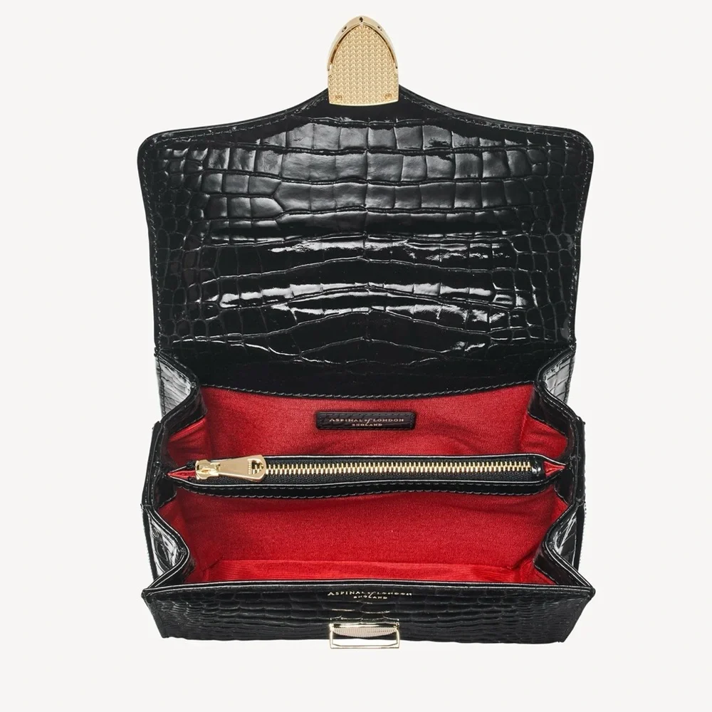 Aspinal of London Midi Mayfair Black Patent Croc Top Handle Crossbody Chain Bag